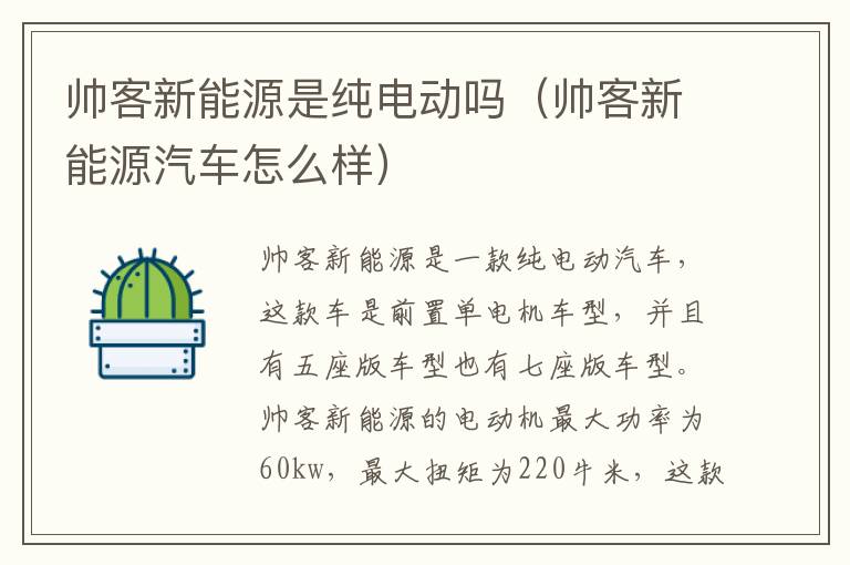 帅客新能源是纯电动吗（帅客新能源汽车怎么样）