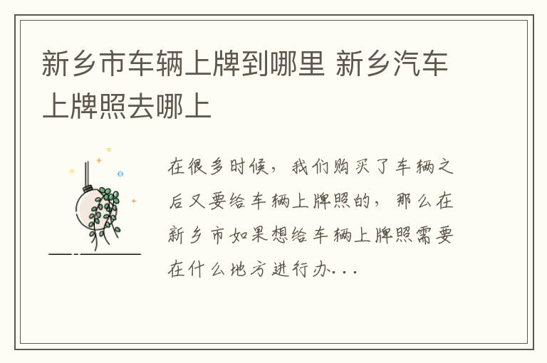 新乡市车辆上牌到哪里 新乡汽车上牌照去哪上