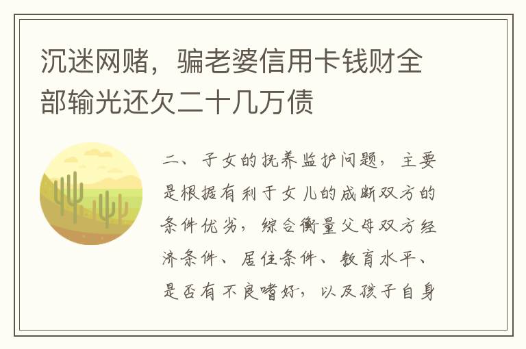 沉迷网赌，骗老婆信用卡钱财全部输光还欠二十几万债