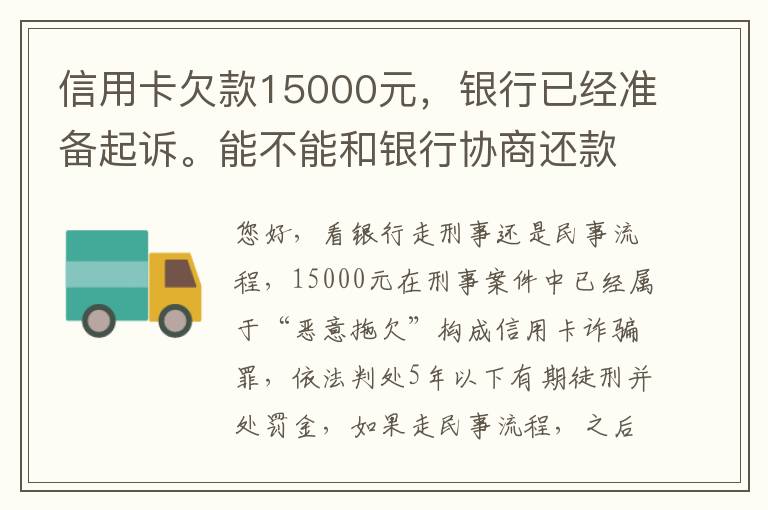信用卡欠款15000元，银行已经准备起诉。能不能和银行协商还款
