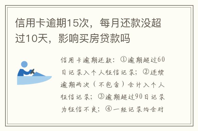 信用卡逾期15次，每月还款没超过10天，影响买房贷款吗
