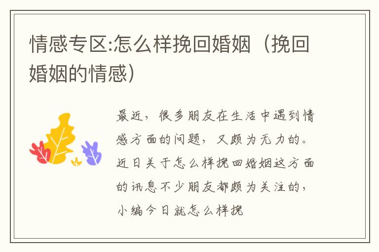 情感专区:怎么样挽回婚姻（挽回婚姻的情感）