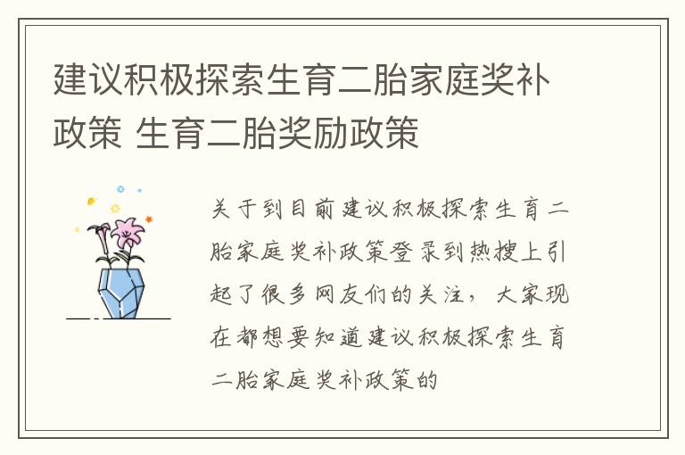 建议积极探索生育二胎家庭奖补政策 生育二胎奖励政策
