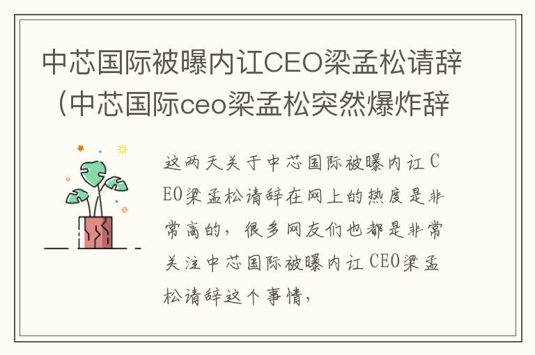 中芯国际被曝内讧CEO梁孟松请辞（中芯国际ceo梁孟松突然爆炸辞职）