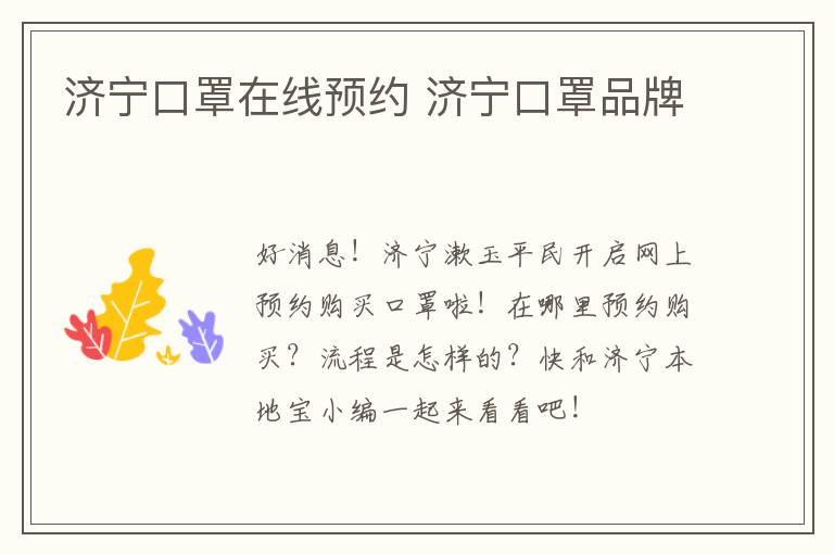 济宁口罩在线预约 济宁口罩品牌