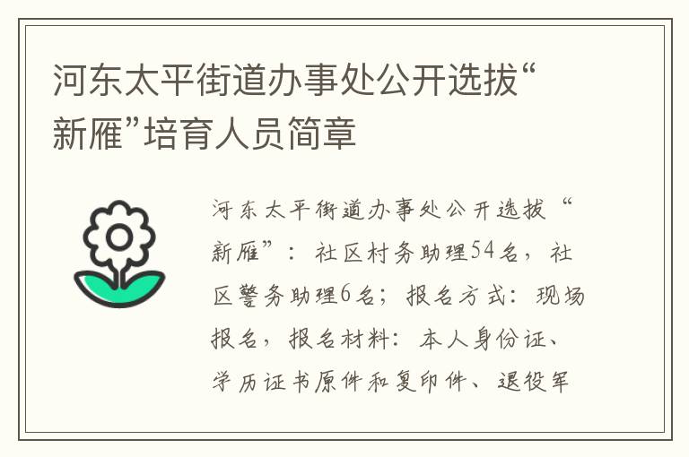 河东太平街道办事处公开选拔“新雁”培育人员简章