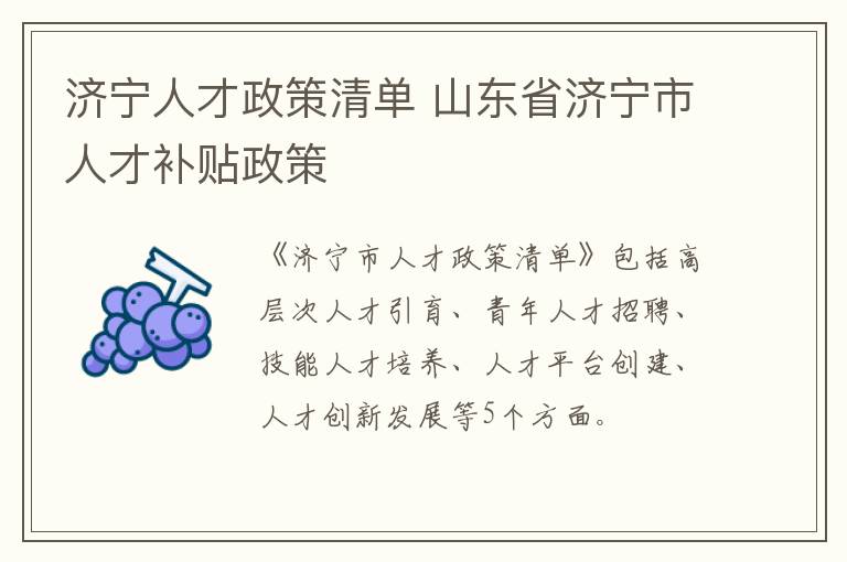 济宁人才政策清单 山东省济宁市人才补贴政策