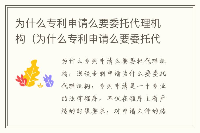 为什么专利申请么要委托代理机构（为什么专利申请么要委托代理机构呢）