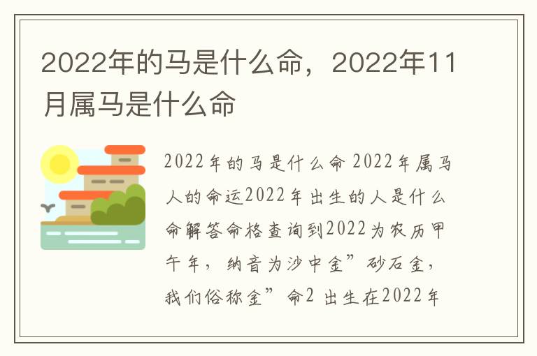 2022年的马是什么命，2022年11月属马是什么命