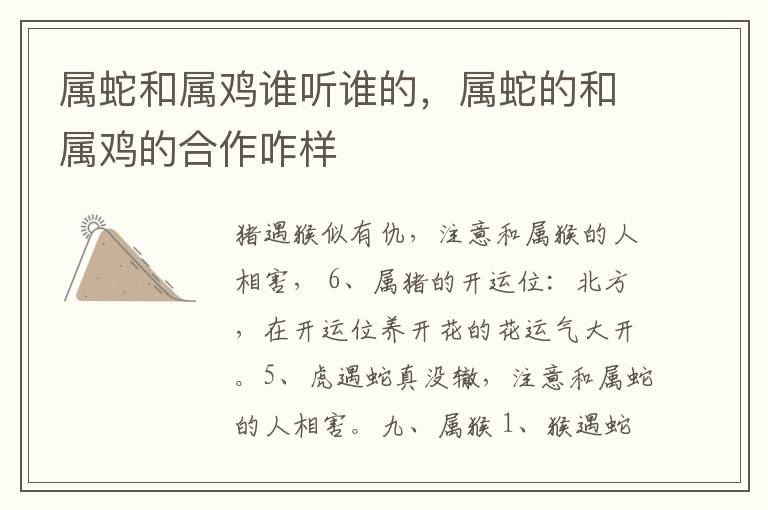 属蛇和属鸡谁听谁的，属蛇的和属鸡的合作咋样