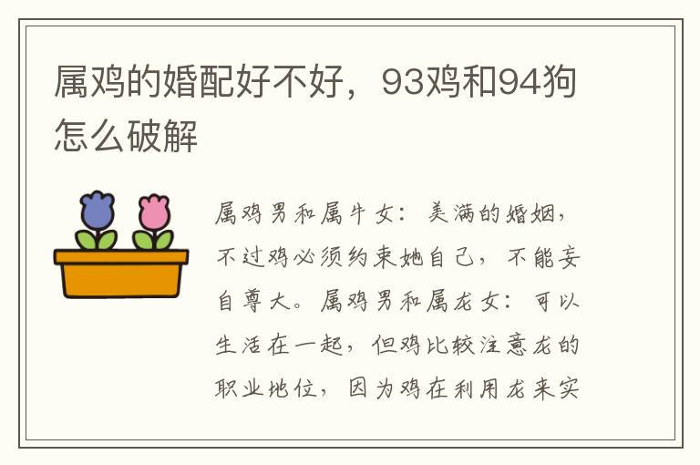 属鸡的婚配好不好，93鸡和94狗怎么破解