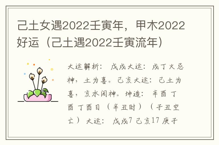 己土女遇2022壬寅年，甲木2022好运（己土遇2022壬寅流年）