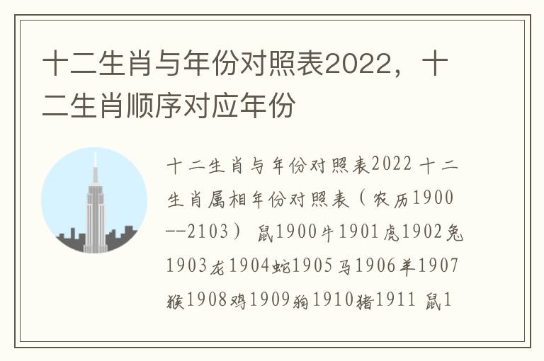 十二生肖与年份对照表2022，十二生肖顺序对应年份