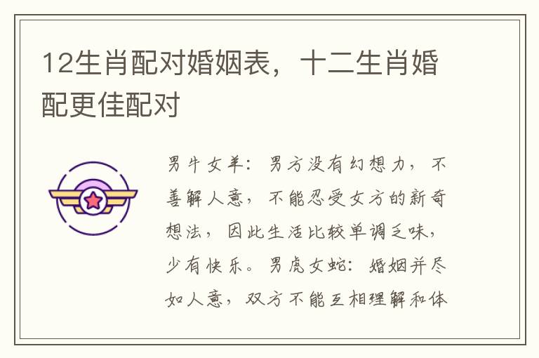 12生肖配对婚姻表，十二生肖婚配更佳配对