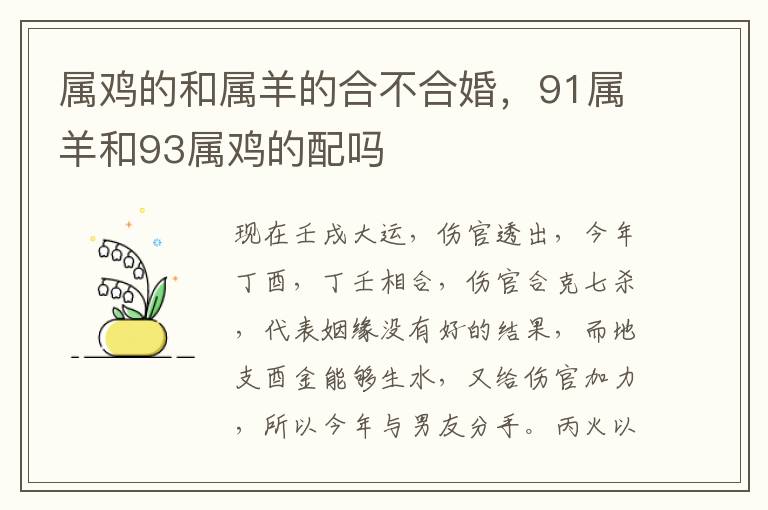 属鸡的和属羊的合不合婚，91属羊和93属鸡的配吗
