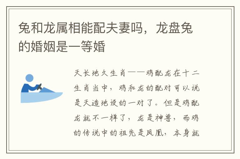 兔和龙属相能配夫妻吗，龙盘兔的婚姻是一等婚