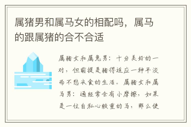 属猪男和属马女的相配吗，属马的跟属猪的合不合适