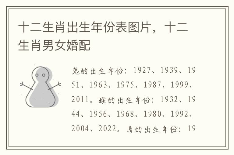 十二生肖出生年份表图片，十二生肖男女婚配