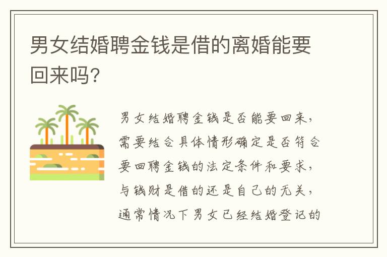 男女结婚聘金钱是借的离婚能要回来吗?