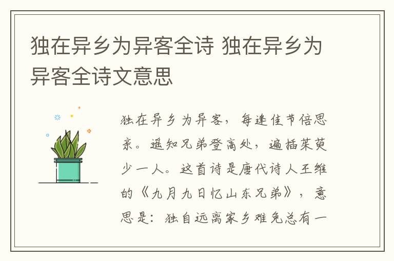 独在异乡为异客全诗 独在异乡为异客全诗文意思