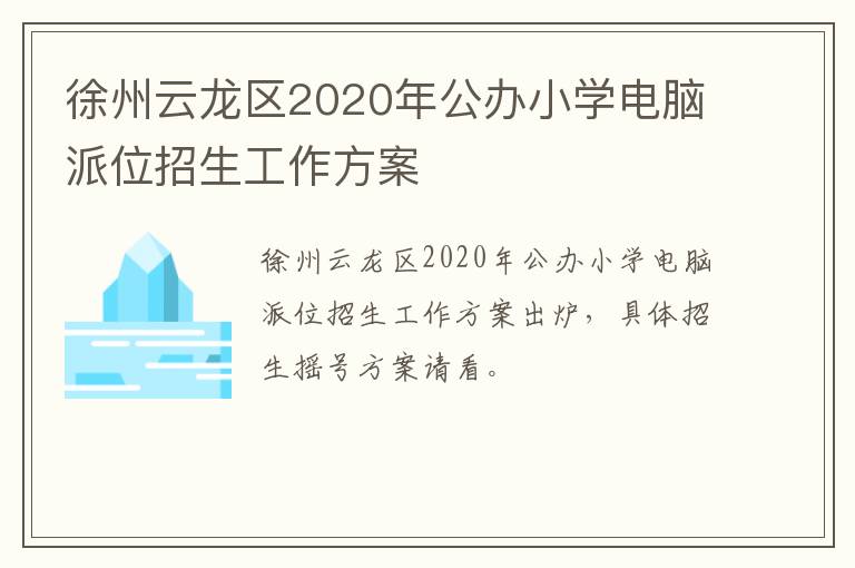 徐州云龙区2020年公办小学电脑派位招生工作方案