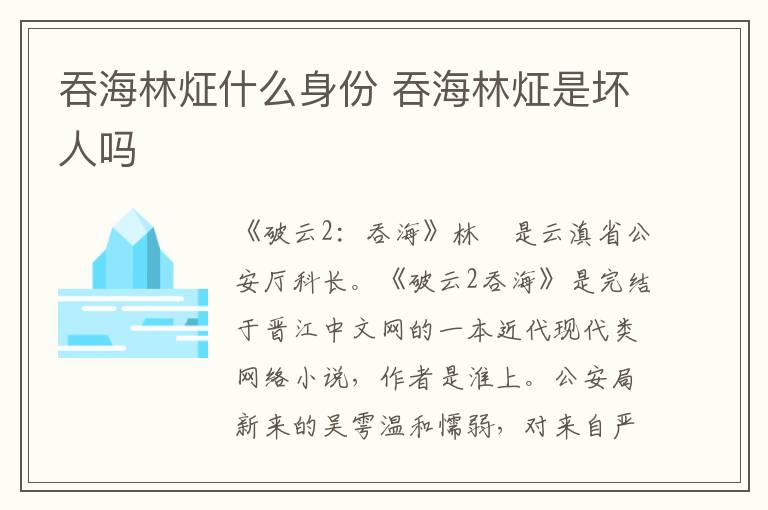 吞海林炡什么身份 吞海林炡是坏人吗