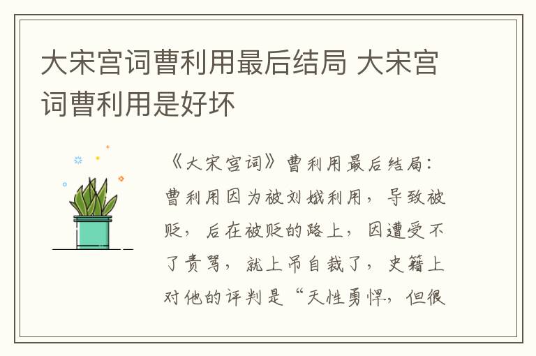 大宋宫词曹利用最后结局 大宋宫词曹利用是好坏