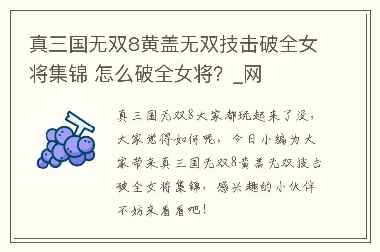 真三国无双8黄盖无双技击破全女将集锦 怎么破全女将？_网