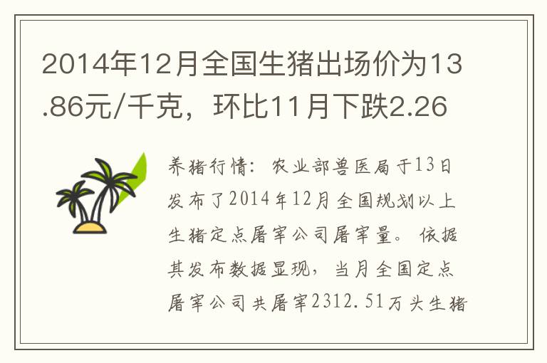 2014年12月全国生猪出场价为13.86元/千克，环比11月下跌2.26%