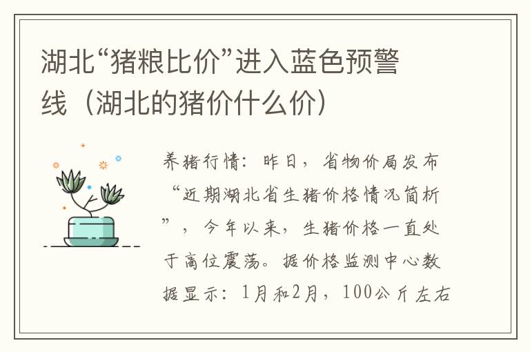 湖北“猪粮比价”进入蓝色预警线（湖北的猪价什么价）