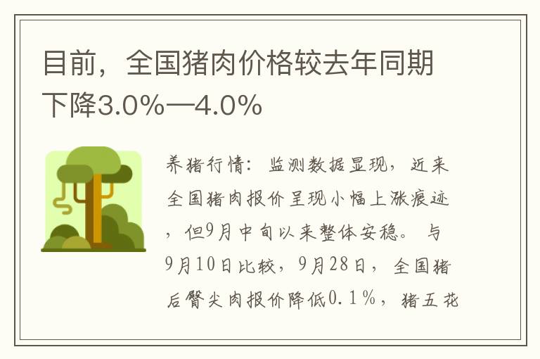 目前，全国猪肉价格较去年同期下降3.0％—4.0％