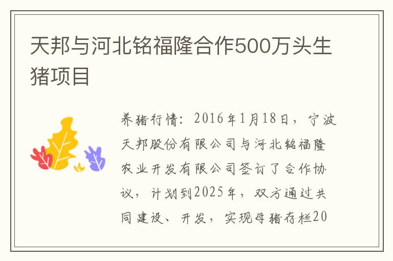 天邦与河北铭福隆合作500万头生猪项目