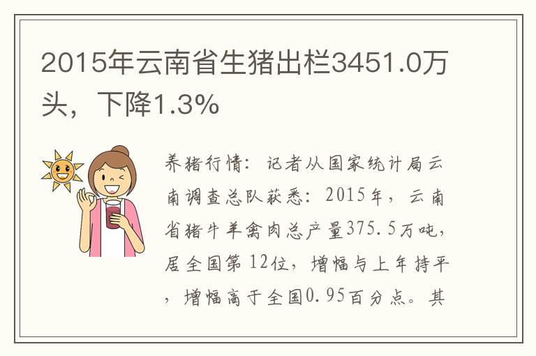 2015年云南省生猪出栏3451.0万头，下降1.3%