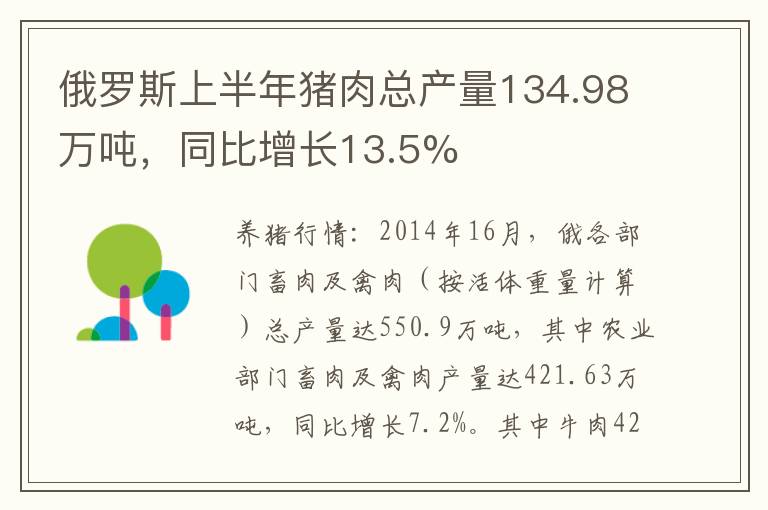 俄罗斯上半年猪肉总产量134.98万吨，同比增长13.5%