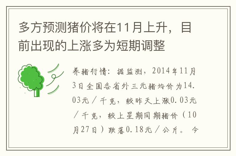 多方预测猪价将在11月上升，目前出现的上涨多为短期调整