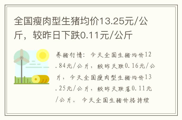 全国瘦肉型生猪均价13.25元/公斤，较昨日下跌0.11元/公斤