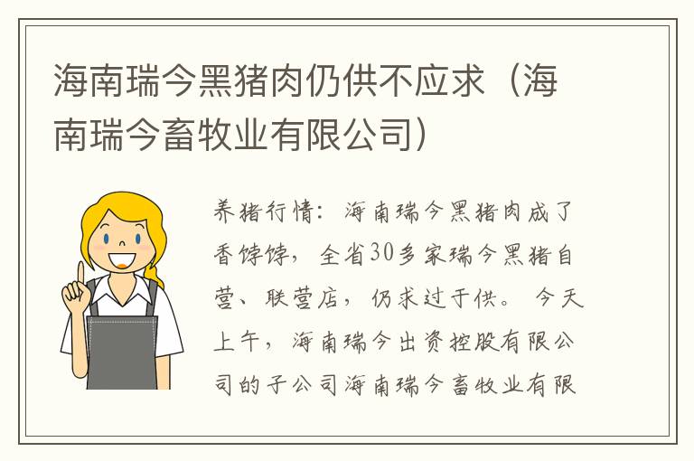海南瑞今黑猪肉仍供不应求（海南瑞今畜牧业有限公司）
