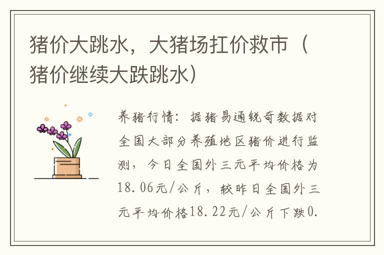 猪价大跳水，大猪场扛价救市（猪价继续大跌跳水）