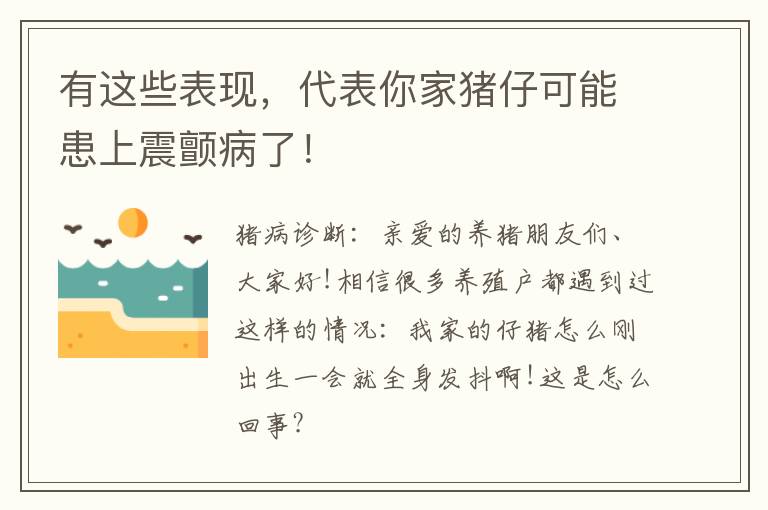 有这些表现，代表你家猪仔可能患上震颤病了！