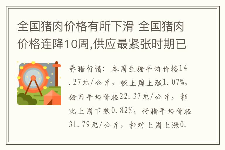 全国猪肉价格有所下滑 全国猪肉价格连降10周,供应最紧张时期已经过去