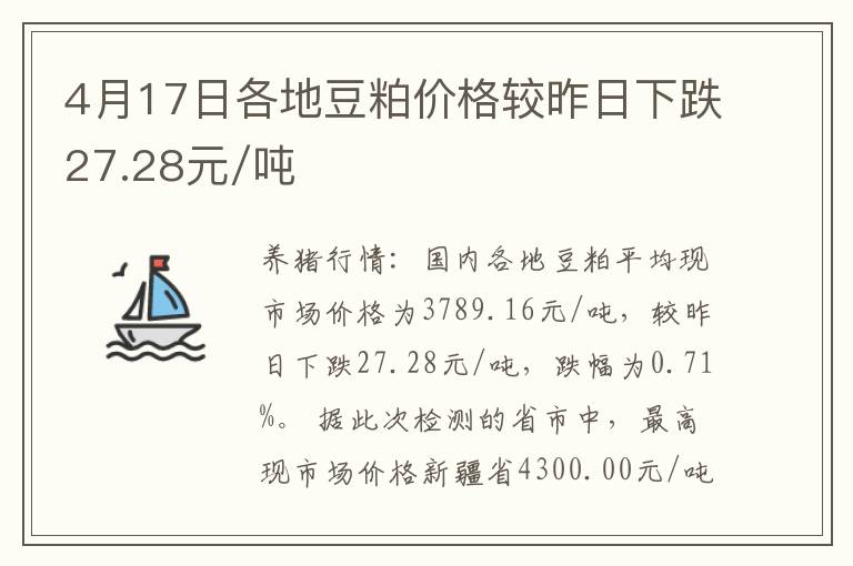 4月17日各地豆粕价格较昨日下跌27.28元/吨