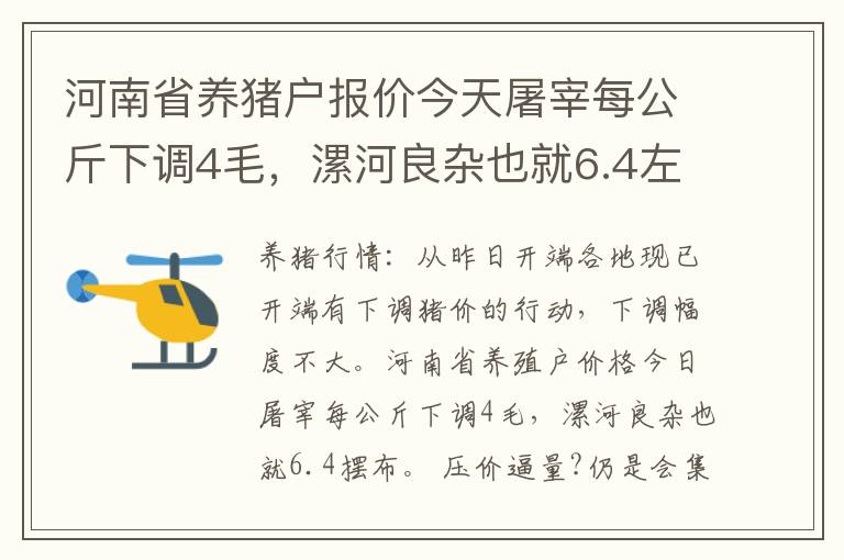 河南省养猪户报价今天屠宰每公斤下调4毛，漯河良杂也就6.4左右