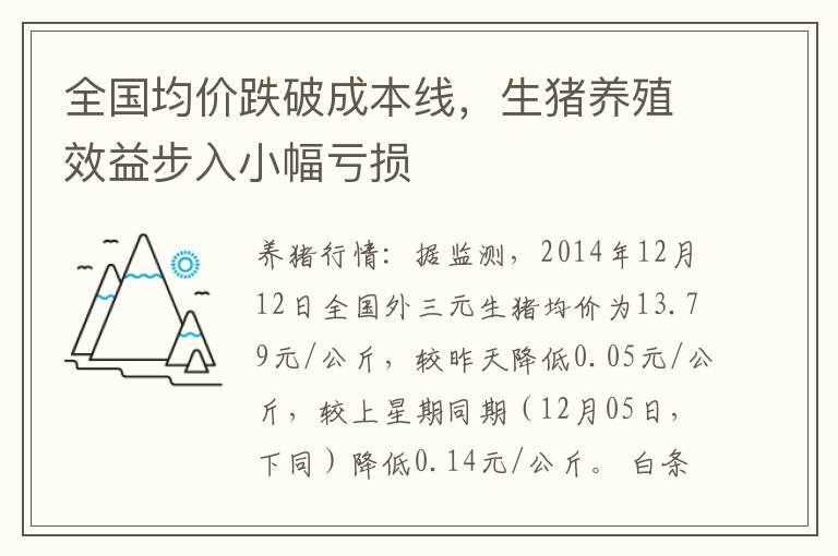 全国均价跌破成本线，生猪养殖效益步入小幅亏损