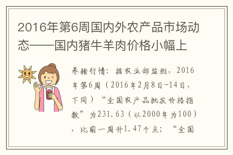 2016年第6周国内外农产品市场动态——国内猪牛羊肉价格小幅上涨