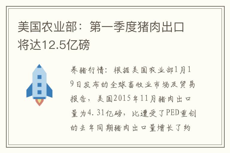 美国农业部：第一季度猪肉出口将达12.5亿磅
