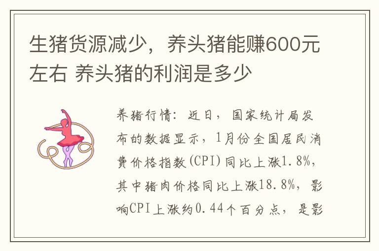 生猪货源减少，养头猪能赚600元左右 养头猪的利润是多少