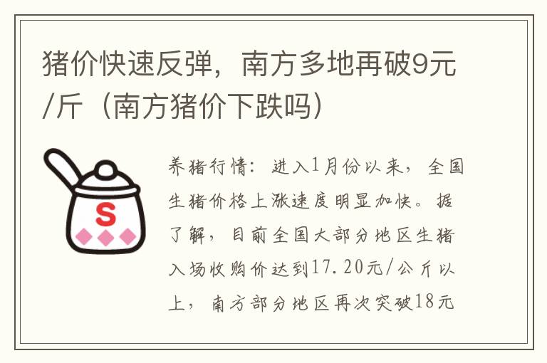 猪价快速反弹，南方多地再破9元/斤（南方猪价下跌吗）