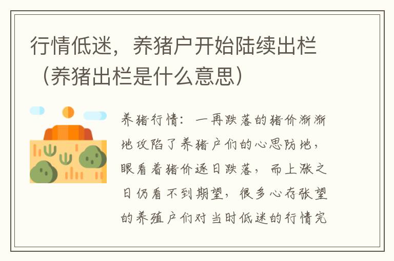 行情低迷，养猪户开始陆续出栏（养猪出栏是什么意思）
