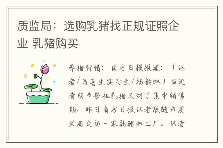 质监局：选购乳猪找正规证照企业 乳猪购买