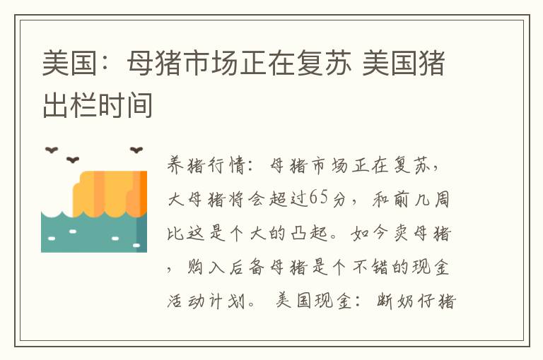 美国：母猪市场正在复苏 美国猪出栏时间